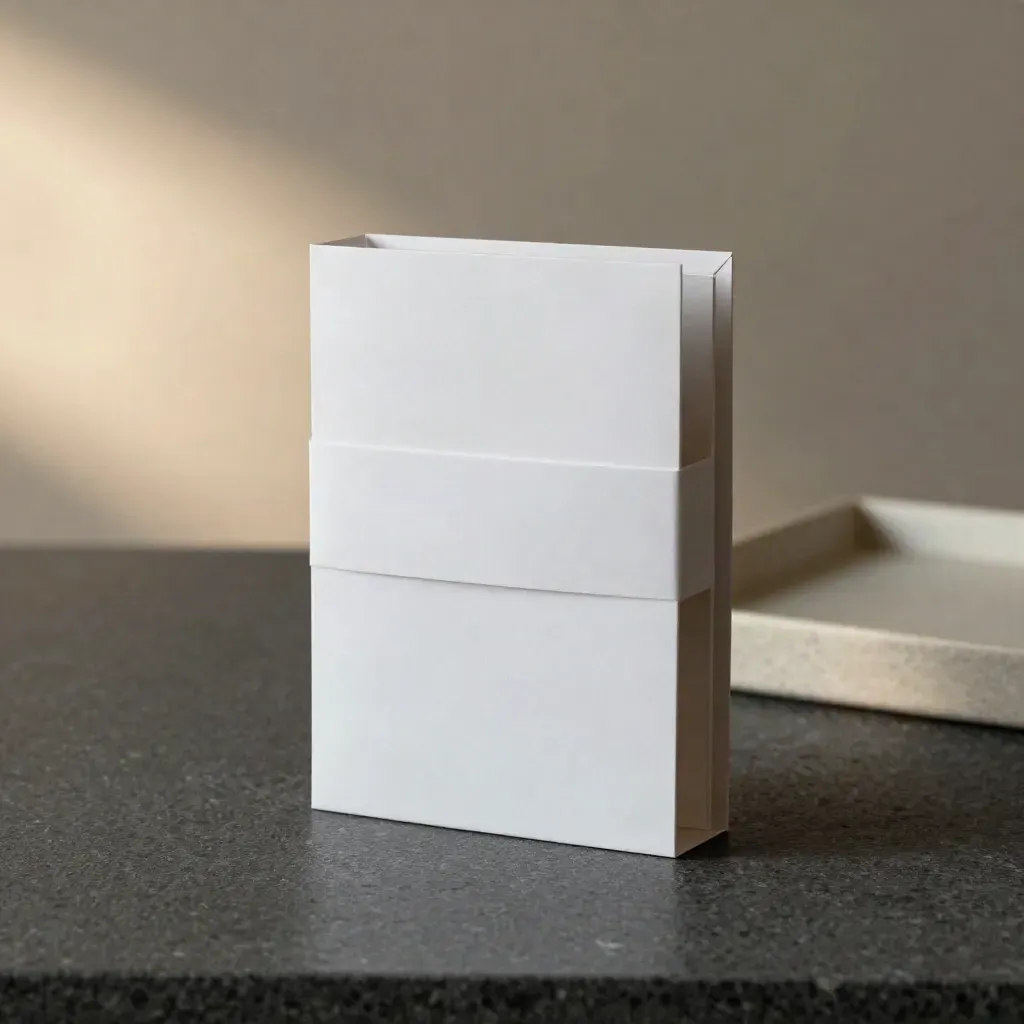 Mattweiße Monats-Abo-Box mit zwei Einlagen auf dunklem Stein, weich ausgeleuchtet