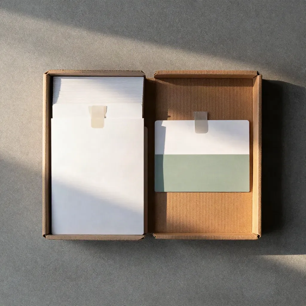 Draufsicht auf eine zweiteilige Papierbox mit Karten und grünem Akzent auf Beton.