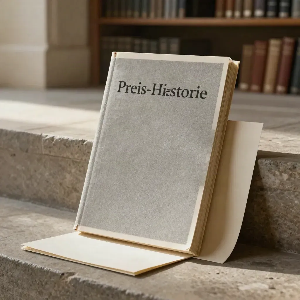 Graues Leinen-Modul zur Preis-Historie neben einer niedrigen Steinstufe im weichen Licht.