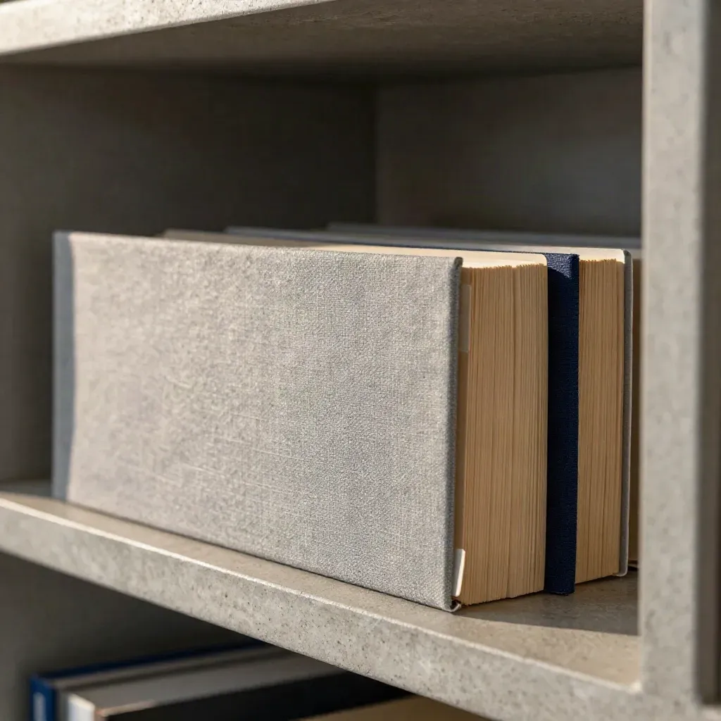 Grauer Leinenbericht mit Registerlaschen steht in einer offenen Regalkante