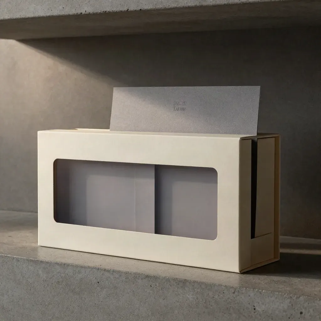 DACH-Tarifatlas in unmarkierter Box mit Seitenfenster auf hellem Beton.