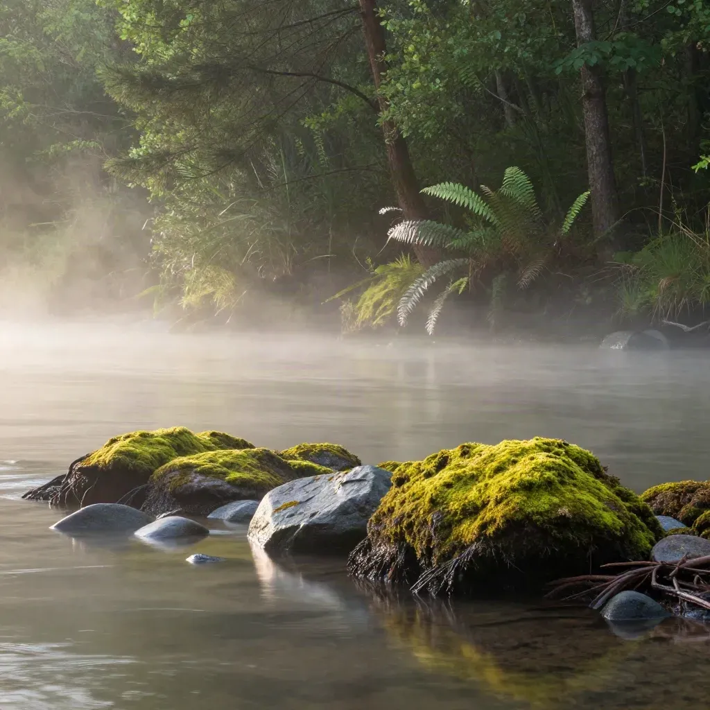 Mosiger Flussuferstreifen mit Nebel und glattgespülten Steinen im Morgenlicht